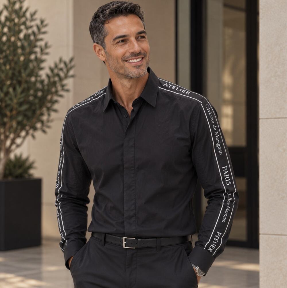 DIOR Homme Atelier Logo Tape Button Down Shirt Black Sz 38/M $850 {3V2}